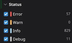 screenshot of the datadog log UI showing the proper log-levels being reported