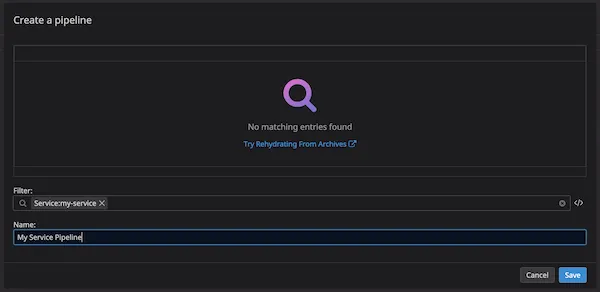 screenshot of the datadog UI creating a new log pipeline